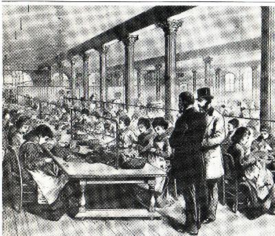 Women working in a factory circa 1870.